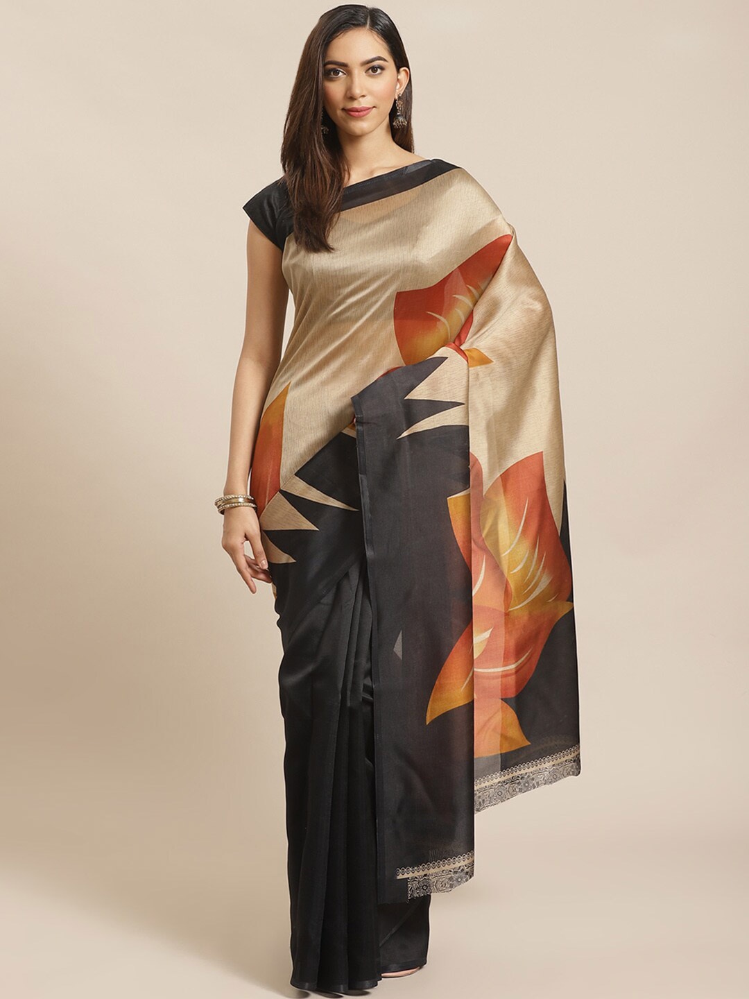 

KALINI Black & Orange Art Silk Mysore Silk Saree