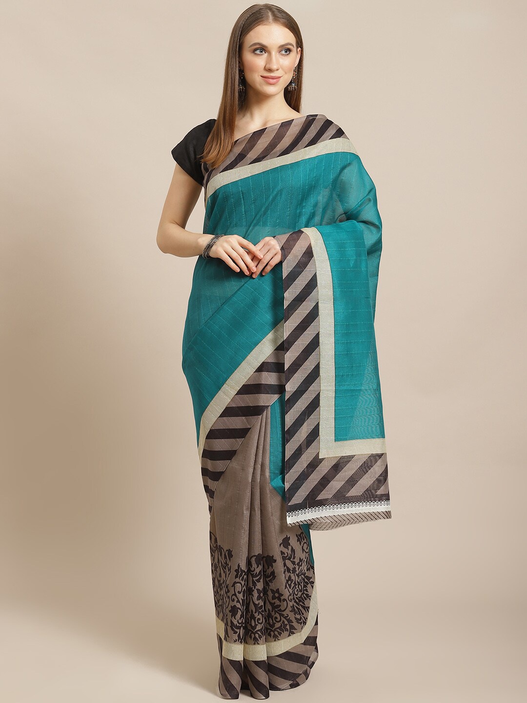 

KALINI Green & Brown Floral Printed Bhagalpuri Saree