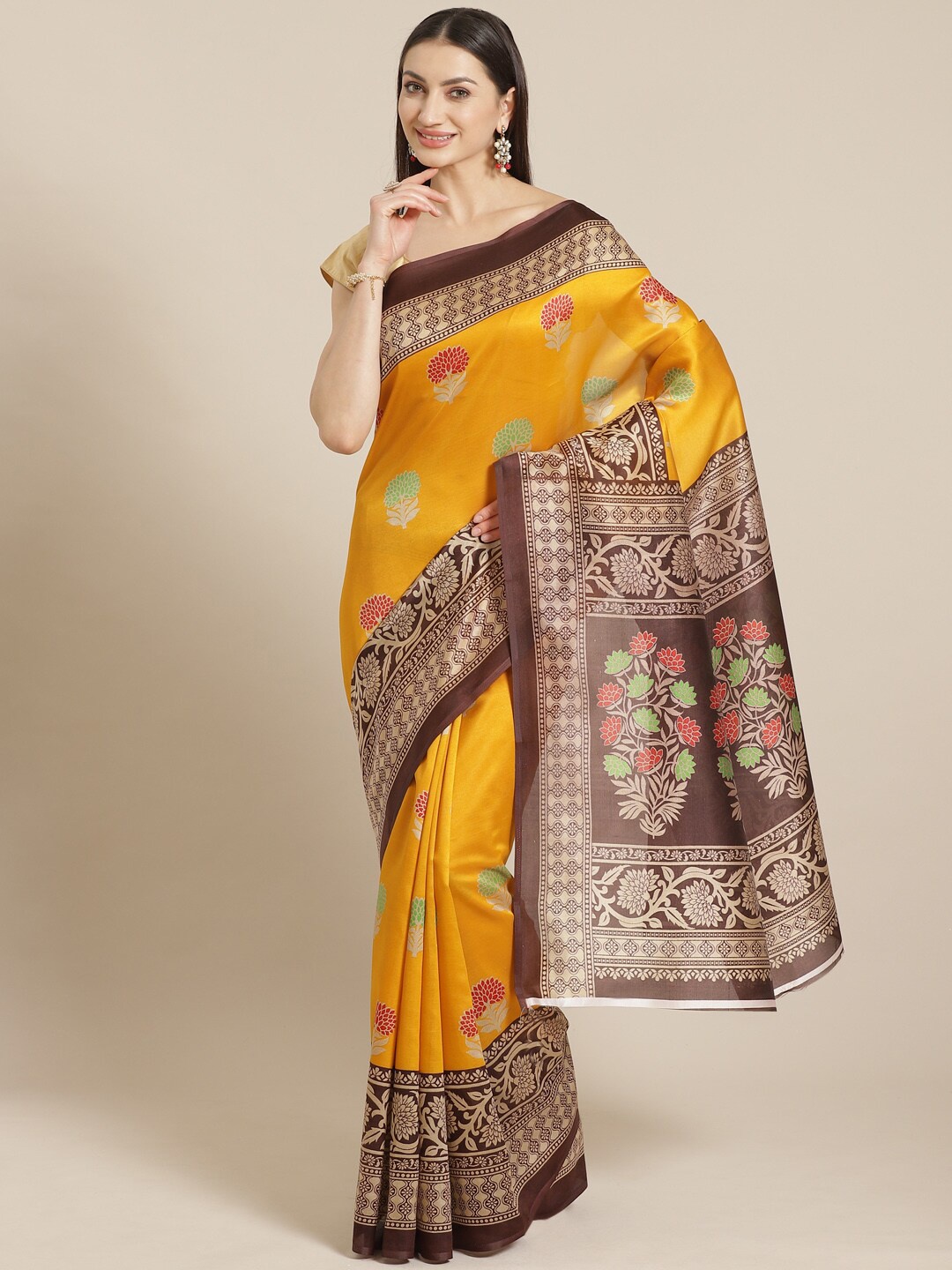 

KALINI Yellow & Brown Floral Block Printed Saree