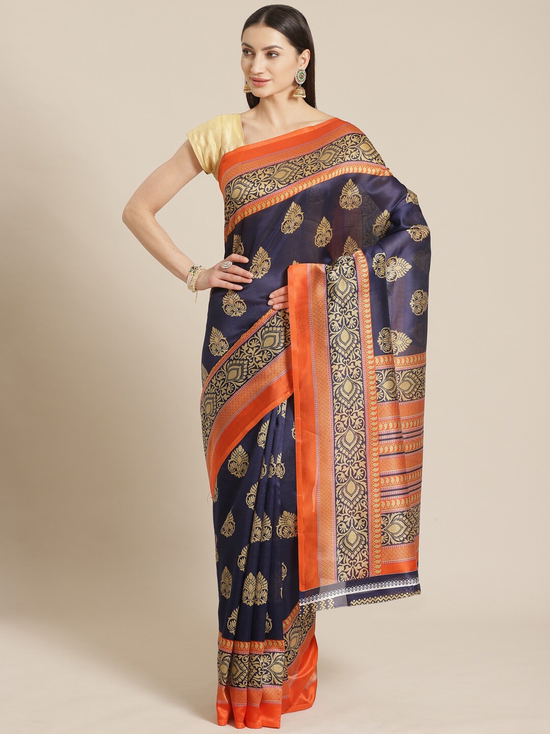 

KALINI Blue & Orange Floral Art Silk Block Print Saree