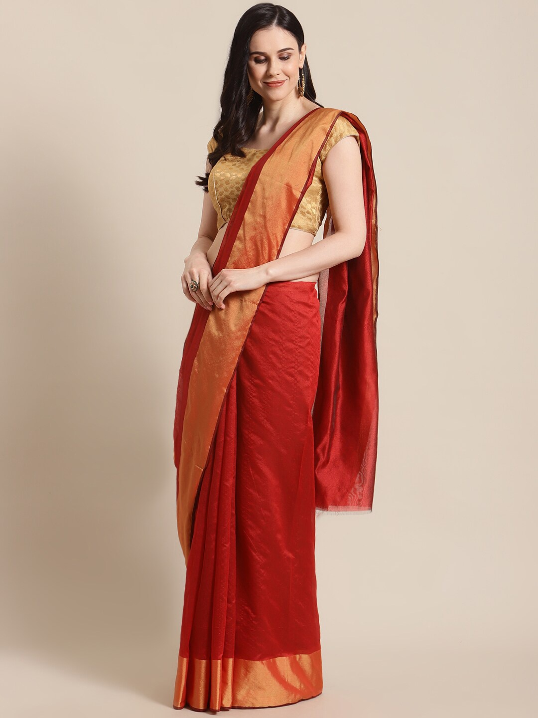 

KALINI Red & Gold-Toned Solid Poly Silk Saree