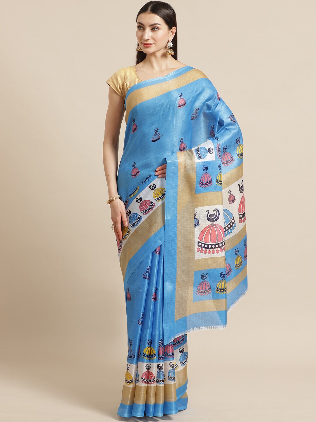 

KALINI Blue & Beige Ethnic Motifs Silk Blend Khadi Saree