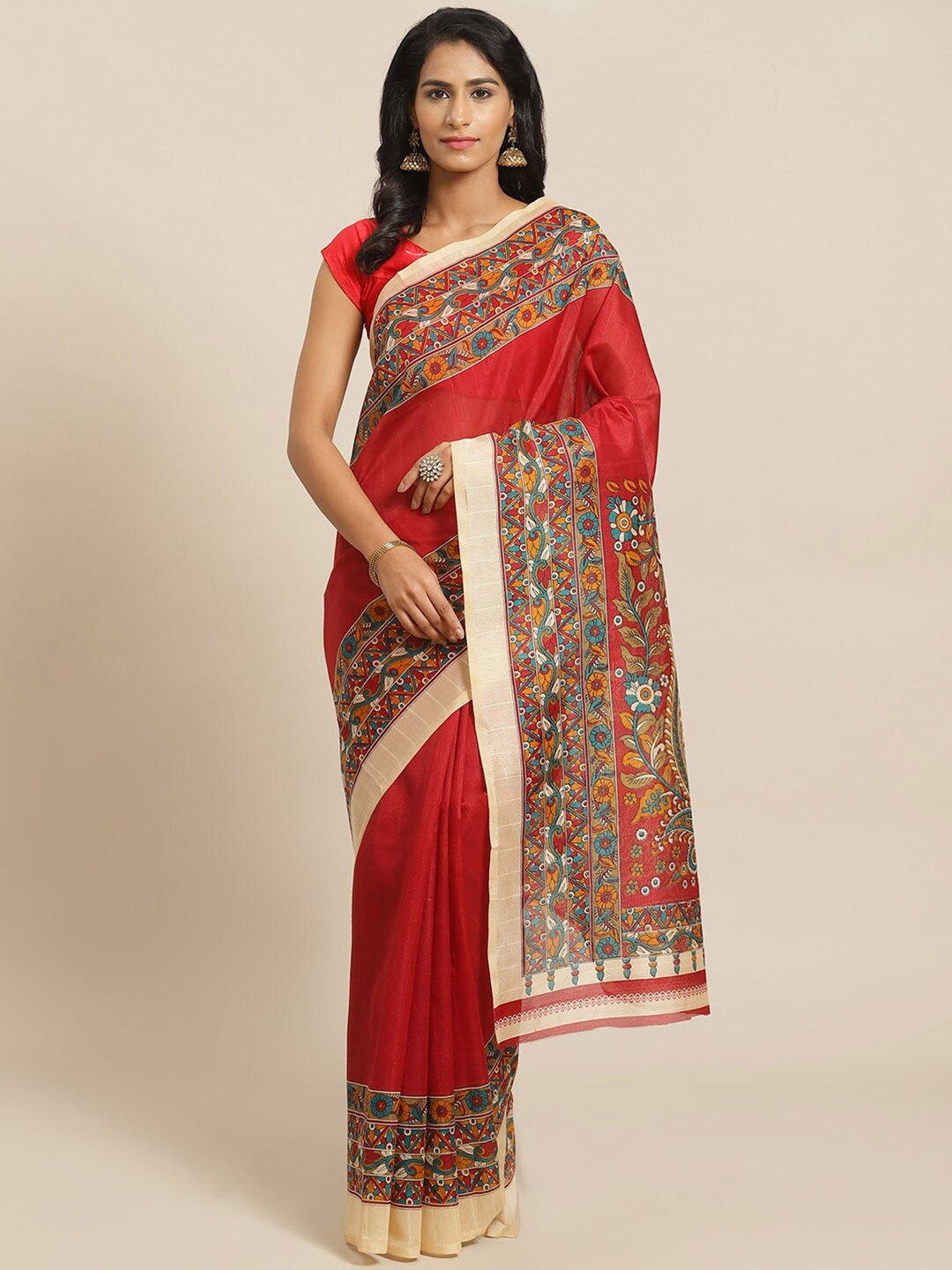 

KALINI Red & Cream Kalamkari Printed Mysore Silk Saree