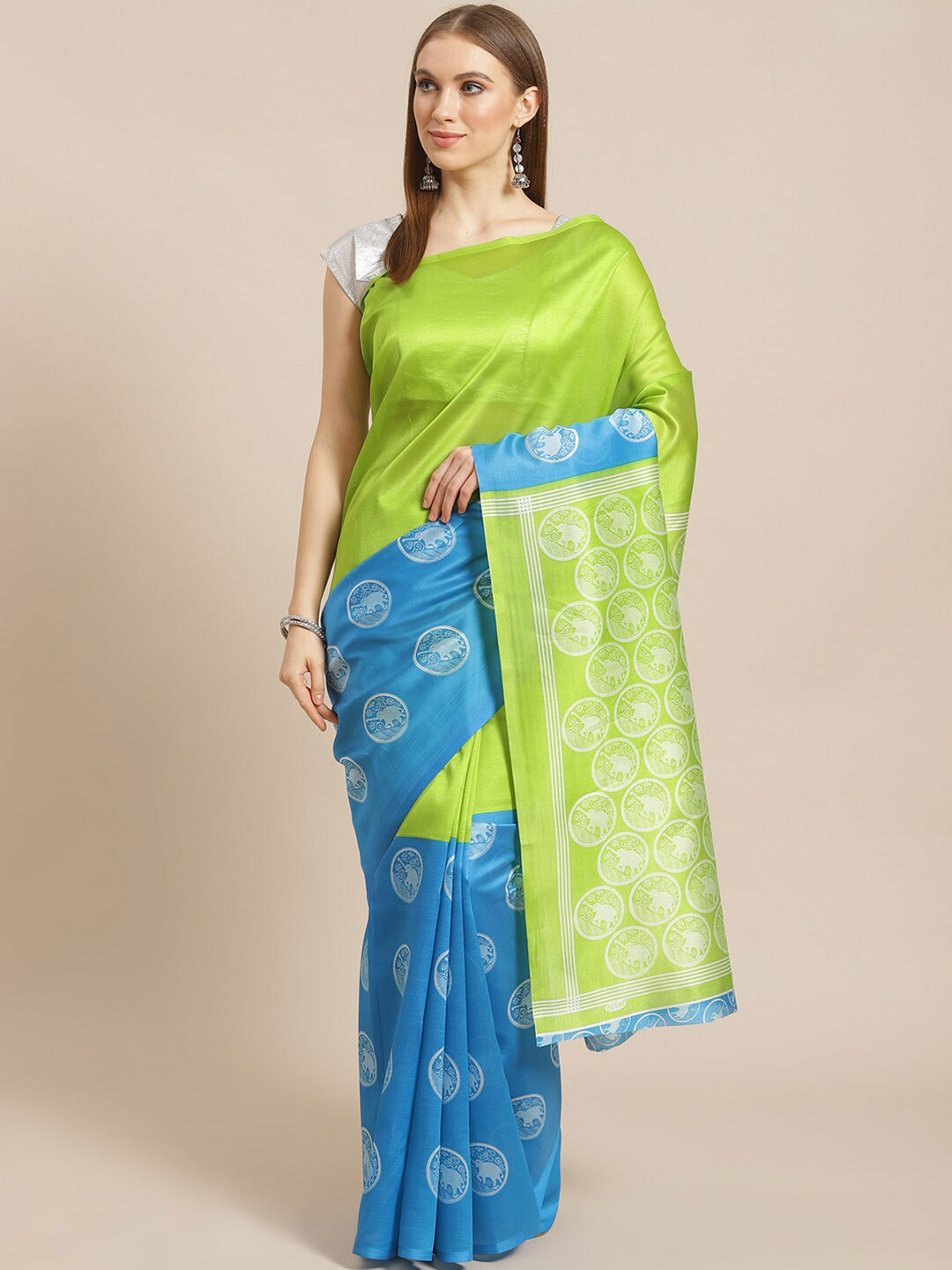 

KALINI Green & Blue Geometric Printed Mysore Silk Saree