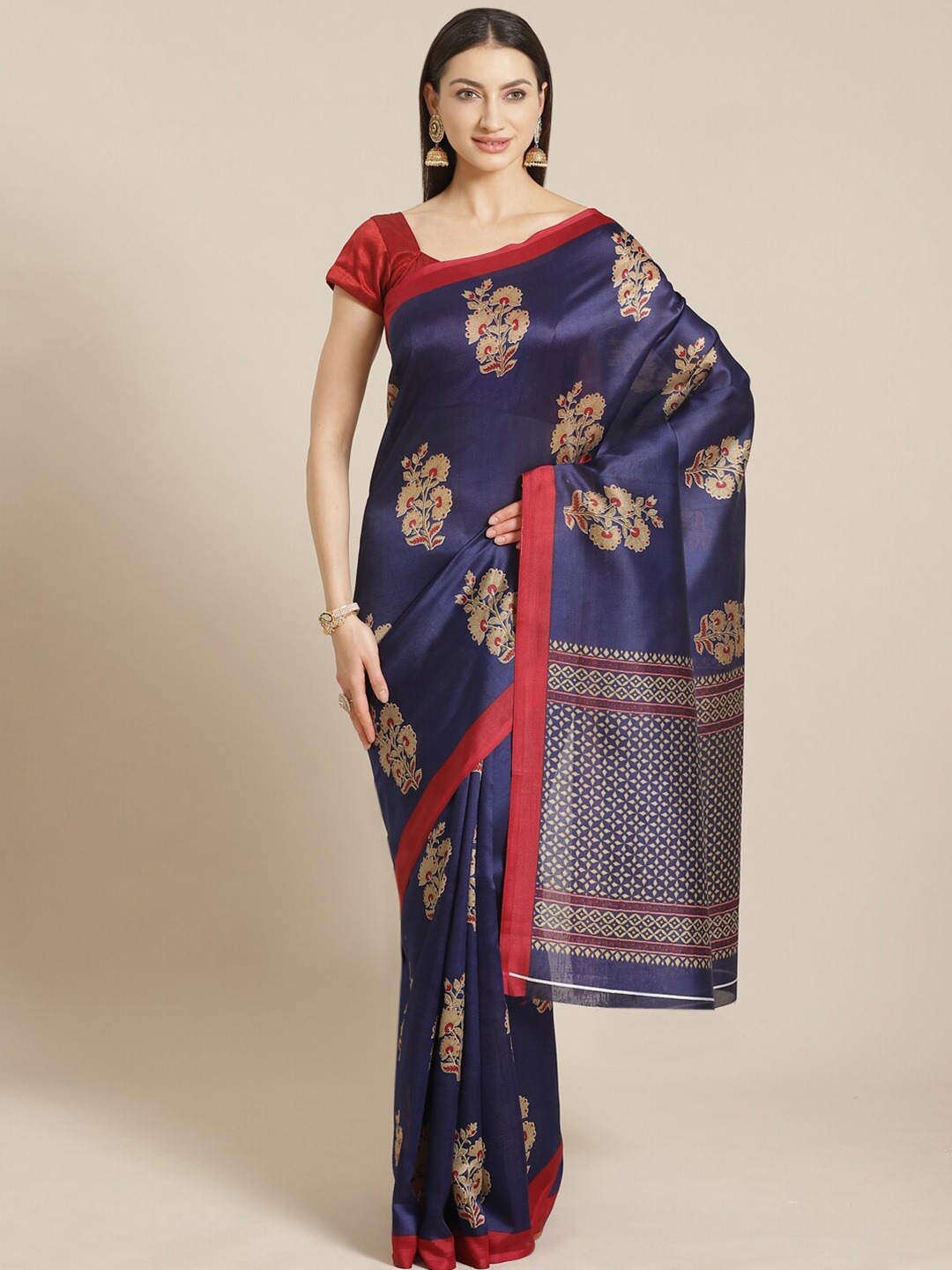 

KALINI Blue & Red Floral Printed Mysore Silk Saree