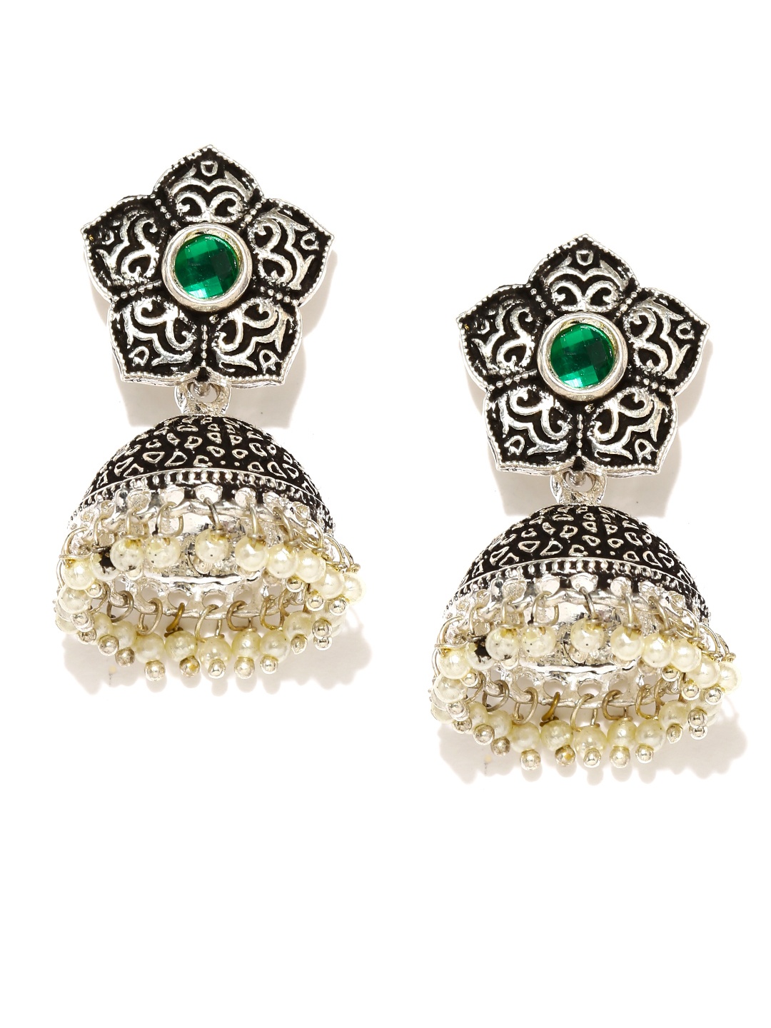 

Zaveri Pearls Oxidised Silver-Plated Textured Jhumka Earrings