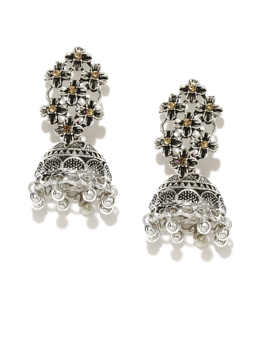 

Zaveri Pearls Oxidised Silver-Plated Textured Floral Jhumkas