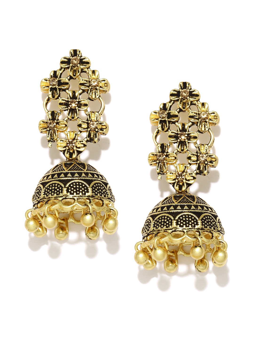 

Zaveri Pearls Antique Gold-Plated Textured Floral Jhumkas