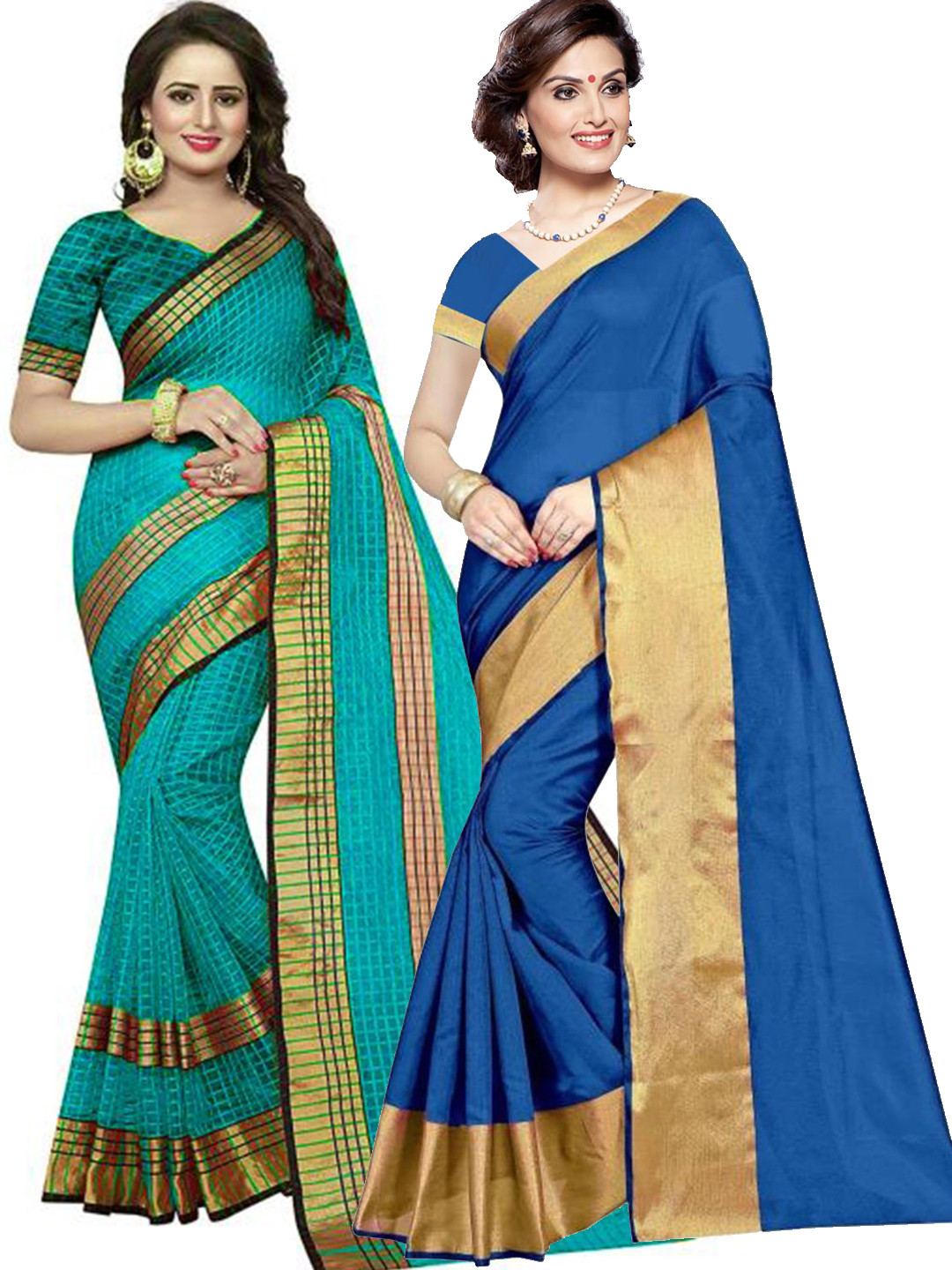 

Florence Pack of 2 Blue & Teal Green Silk Cotton Saree