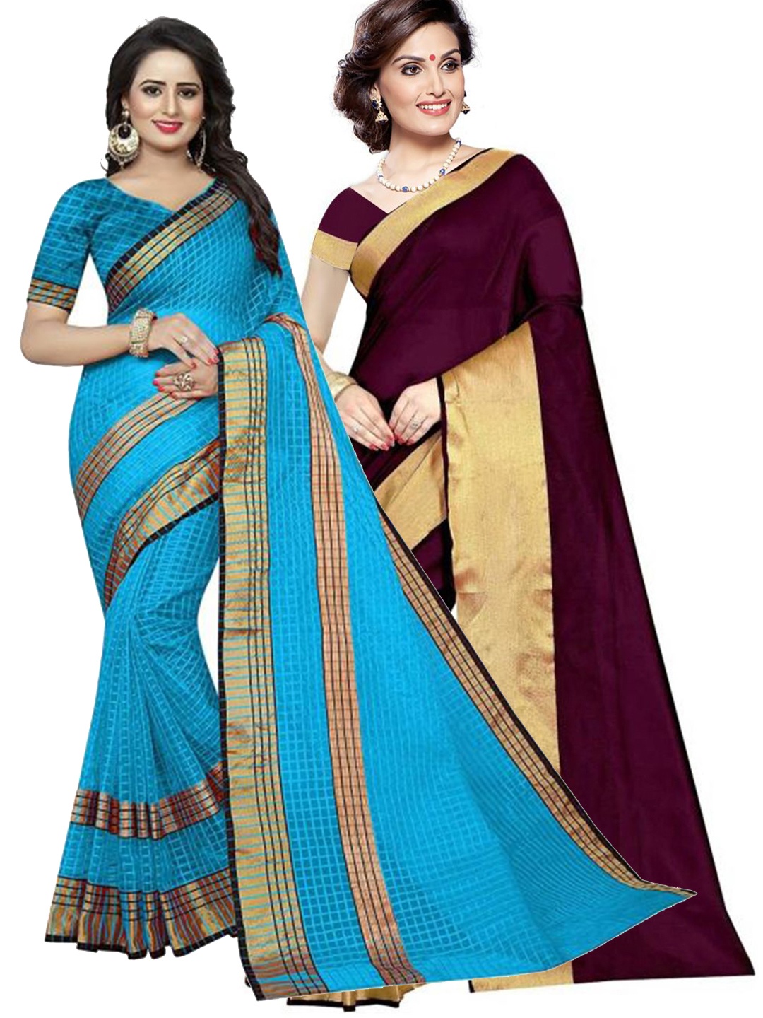 

Florence Pack of 2 Burgundy & Turquoise Blue Silk Cotton Saree