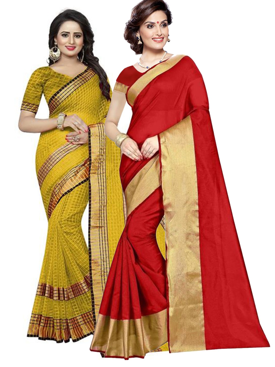 

Florence Pack Of 2 Red & Yellow Zari Silk Cotton Sarees