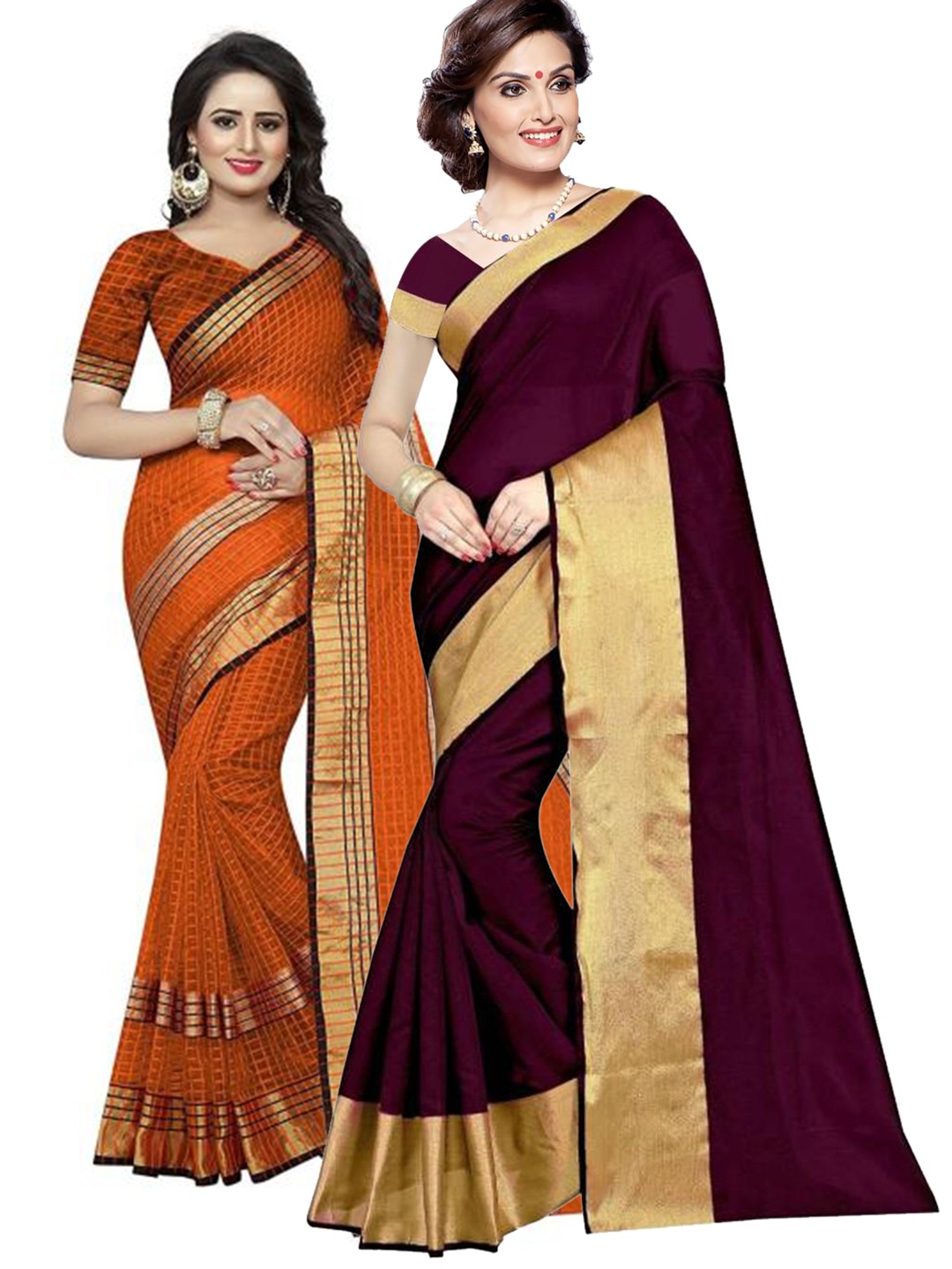 

Florence Pack Of 2 Burgundy & Orange Zari Silk Cotton Sarees