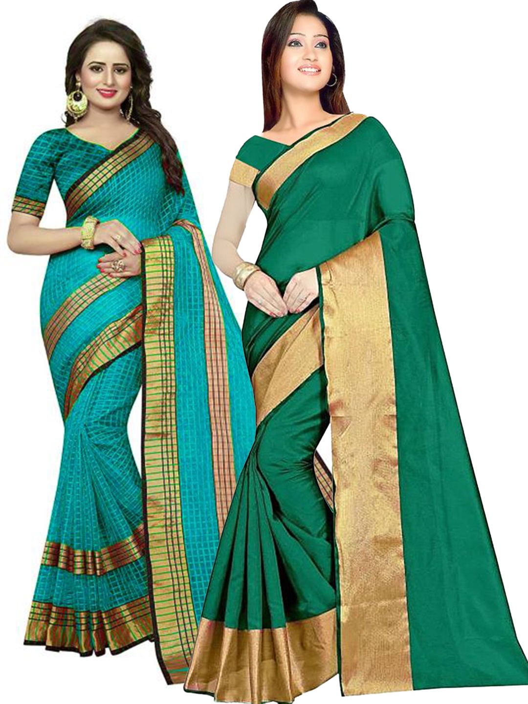 

Florence Pack Of 2 Green & Teal Green Zari Silk Cotton Sarees