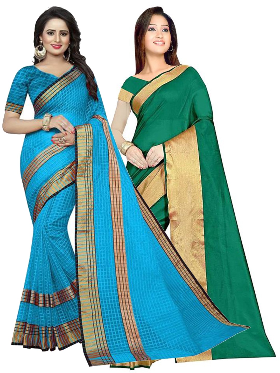 

Florence Pack of 2 Turquoise Blue & Green Silk Cotton Saree