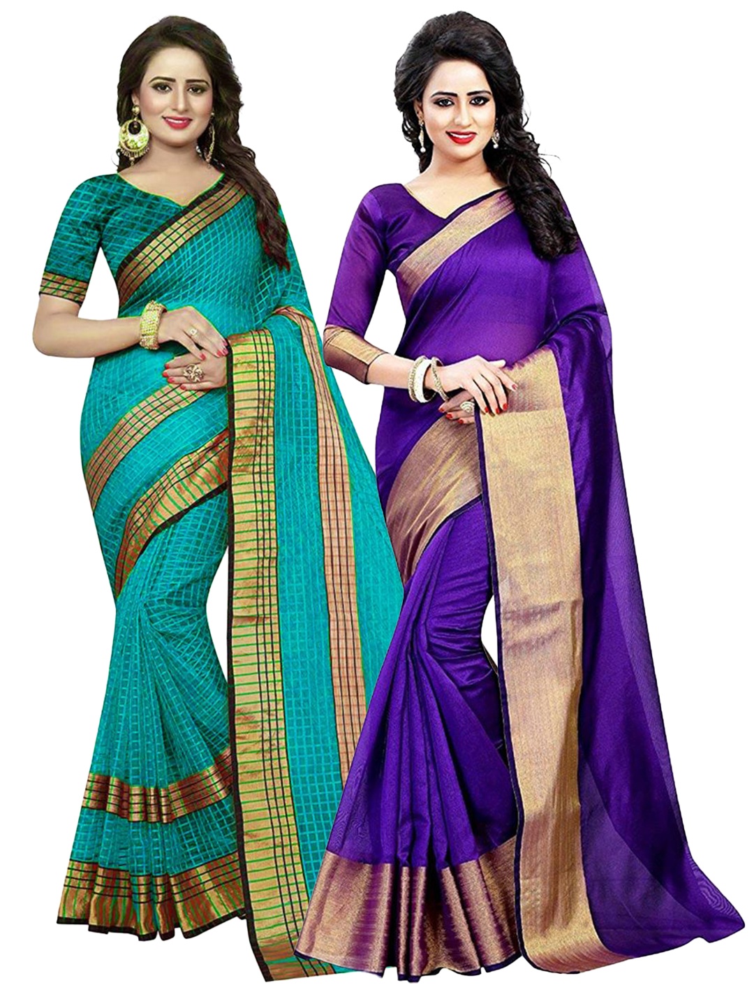 

Florence Pack of 2 Purple & Teal Green Silk Cotton Saree