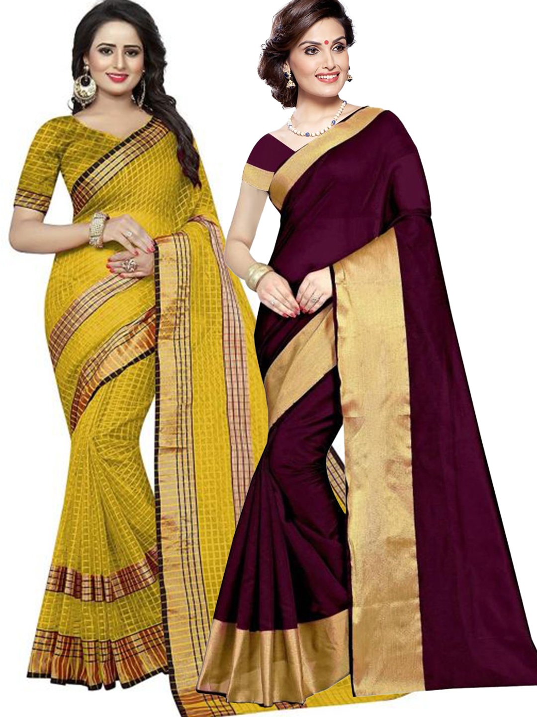 

Florence Pack Of 2 Burgundy & Yellow Zari Silk Cotton Sarees