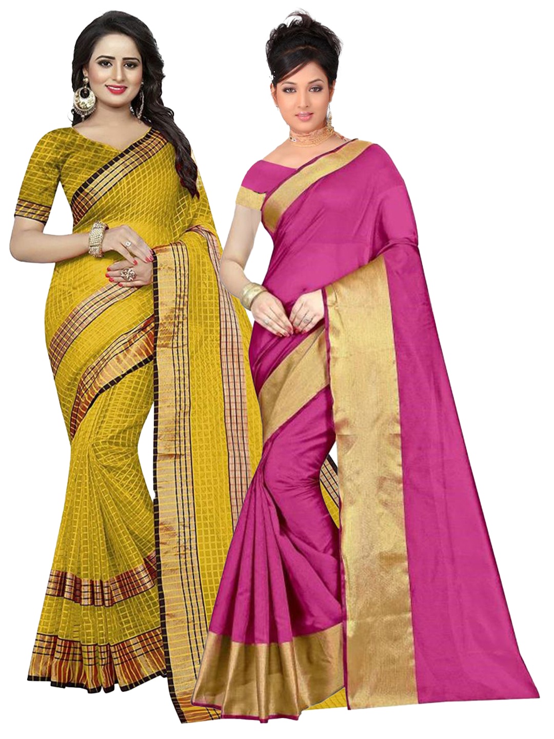 

Florence Pack Of 2 Pink & Yellow Checked Zari Silk Cotton Sarees