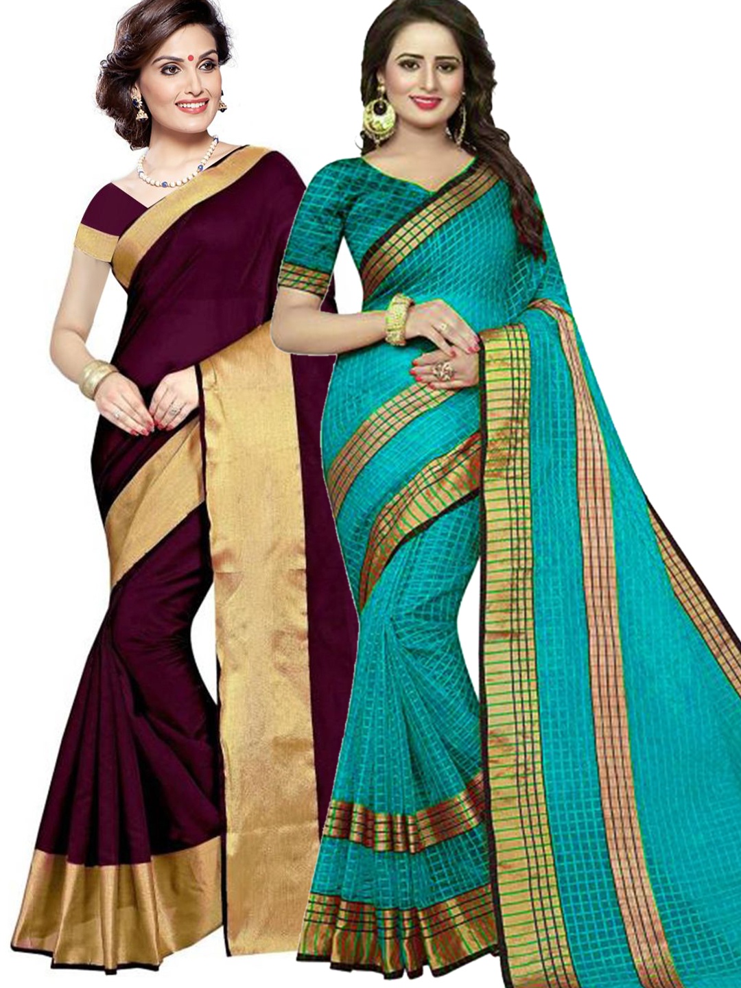 

Florence Pack Of 2 Burgundy & Teal Zari Silk Cotton Sarees