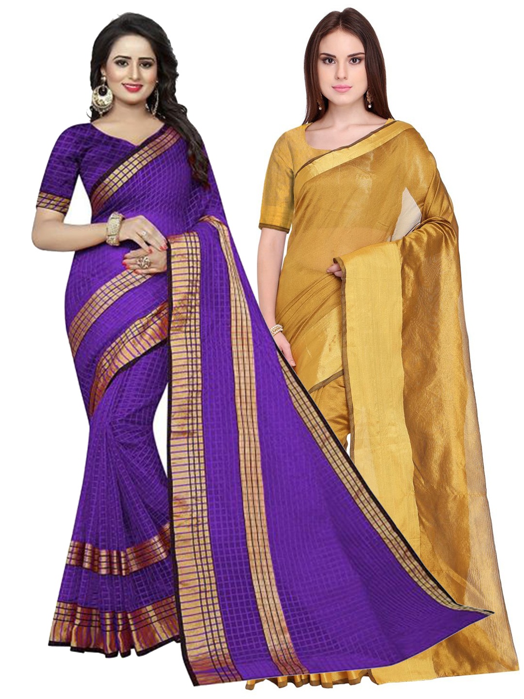 

Florence Pack of 2 Golden & Violet Silk Cotton Saree, Gold