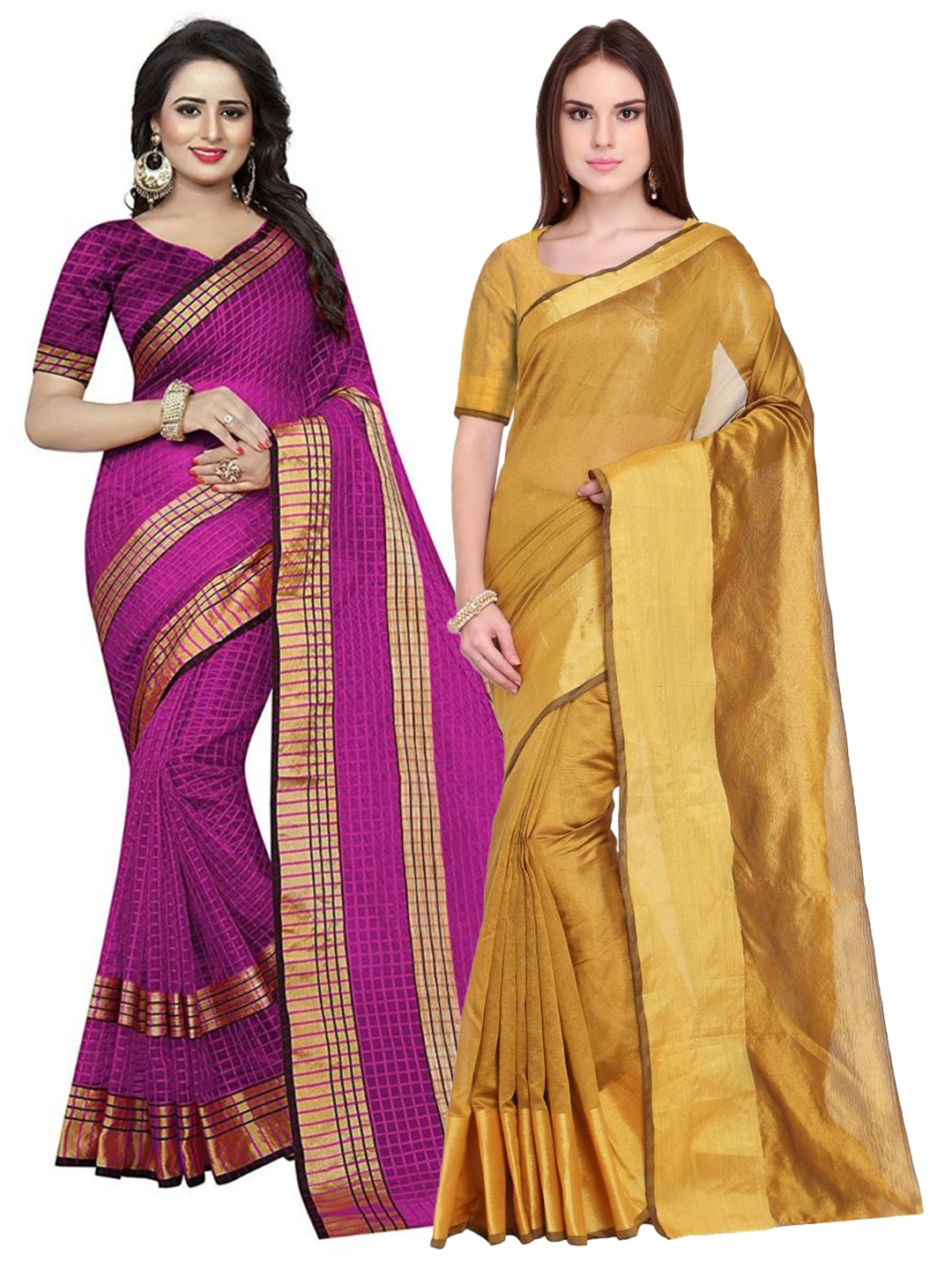 

Florence Pack of 2 Zari Silk Cotton Sarees, Gold