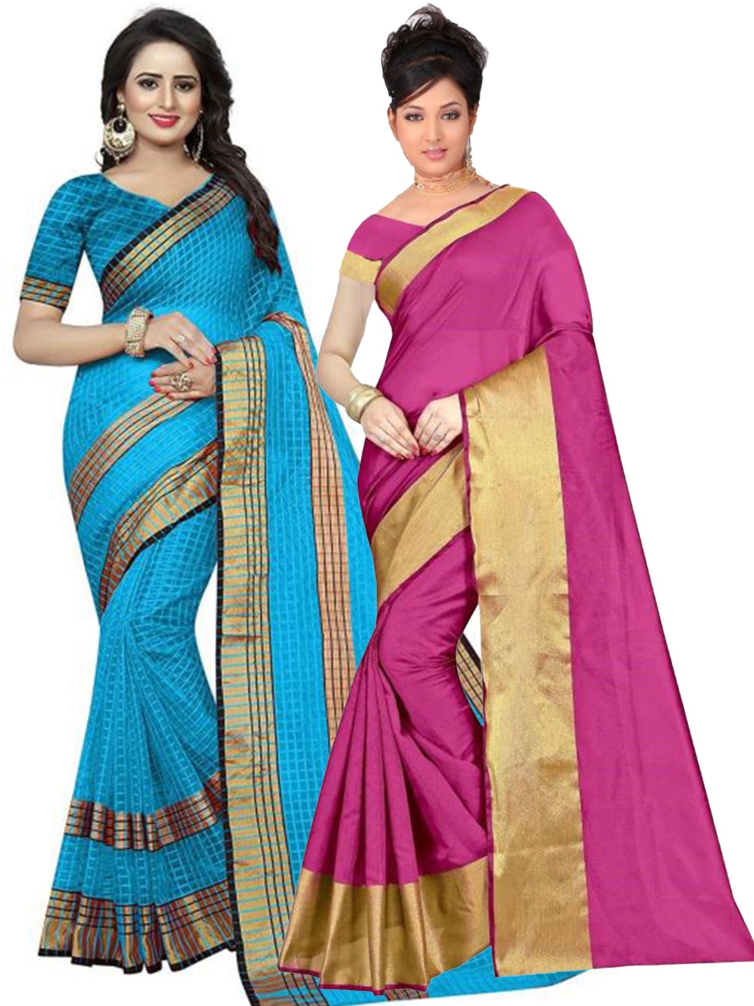 

Florence Pack of 2 Pink & Blue Checked Zari Silk Cotton Saree