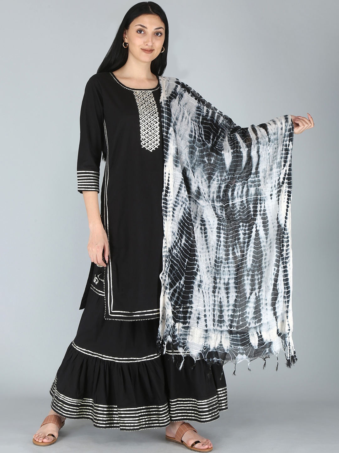 

KALINI Women Black Ethnic Motifs Embroidered Zardozi Kurta with Sharara & With Dupatta