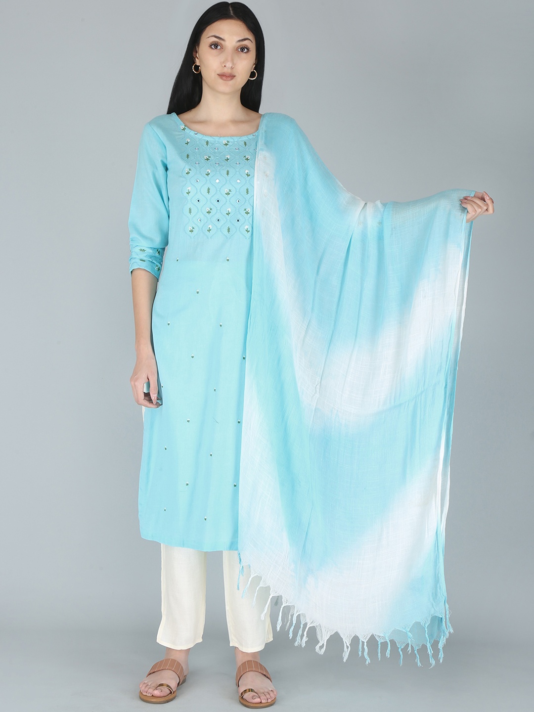 

KALINI Women Blue Floral Yoke Design Zardozi Kurta with Trousers & With Dupatta