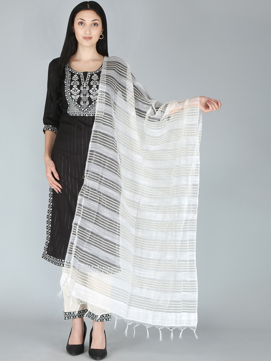 

KALINI Women Black Ethnic Motifs Embroidered Kurta with Churidar & With Dupatta