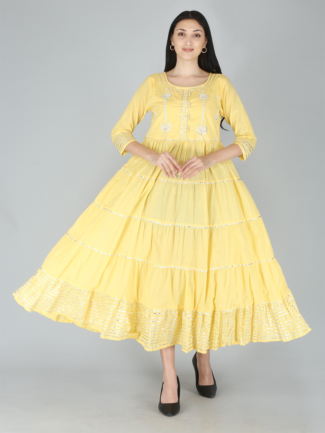 

KALINI Yellow & Silver-Toned Ethnic Motifs Round Neck Cotton A-Line Dress