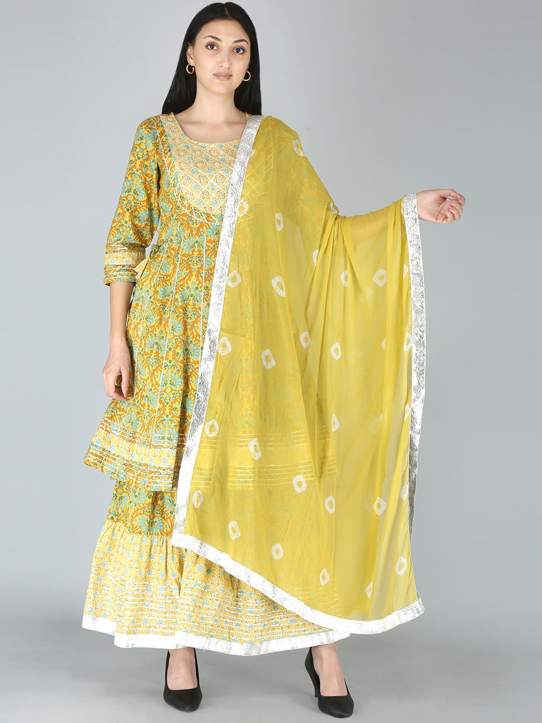 

KALINI Women Yellow Ethnic Motifs Printed Zardozi Kurta with Sharara & With Dupatta