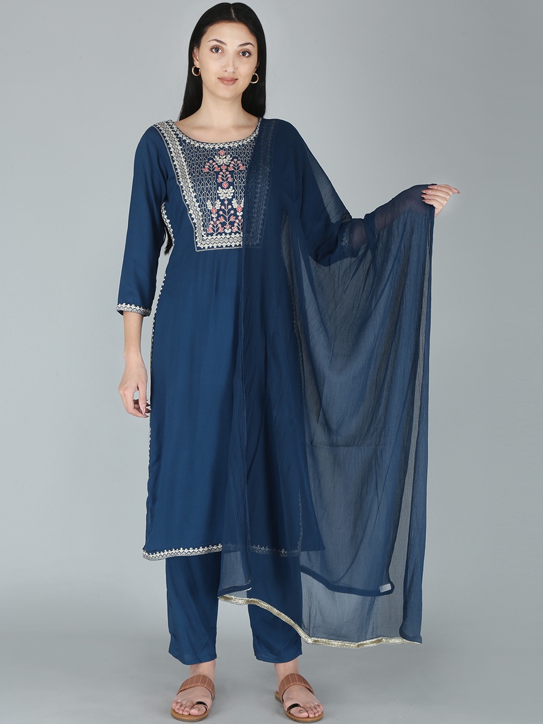 KALINI Women Blue Yoke Design Kurta With Trousers & Dupatta