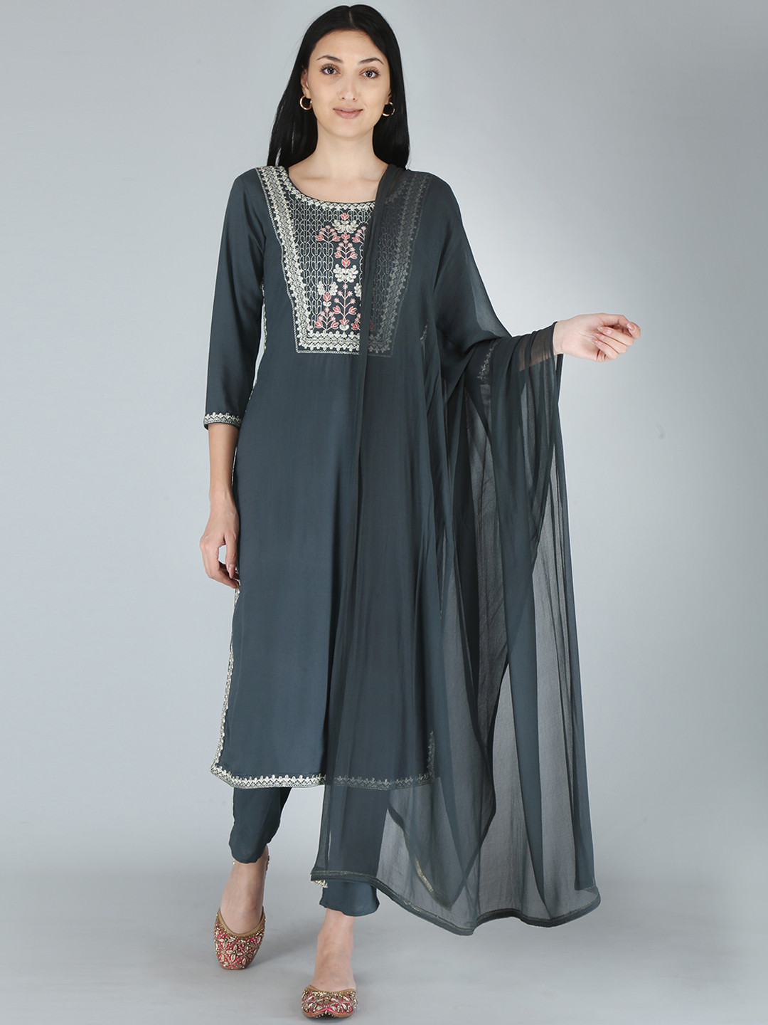 

KALINI Women Grey Yoke Design Zardozi Kurta with Trousers With Dupatta