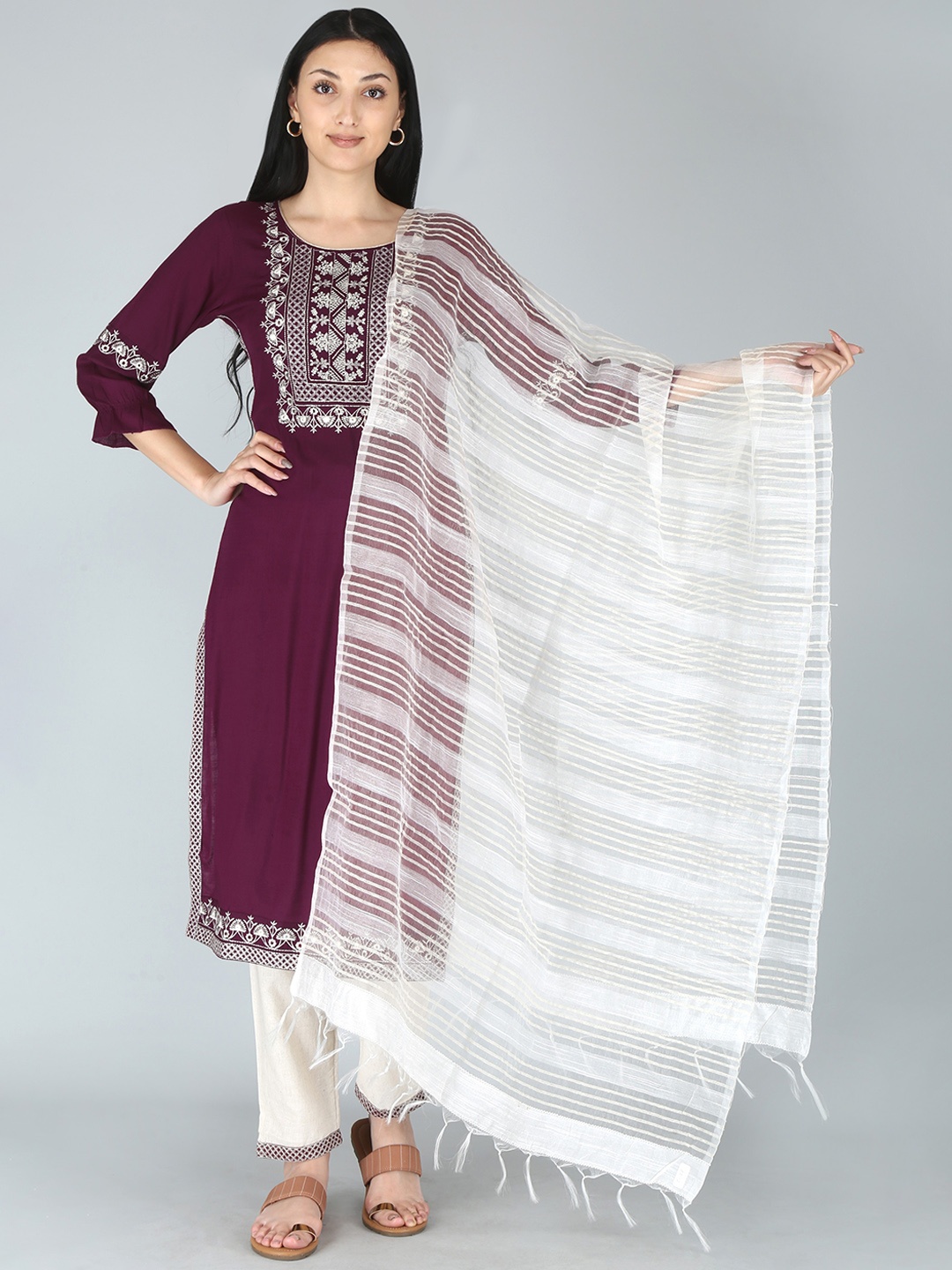 

KALINI Women Maroon Yoke Design Zardozi Kurta with Trousers With Dupatta