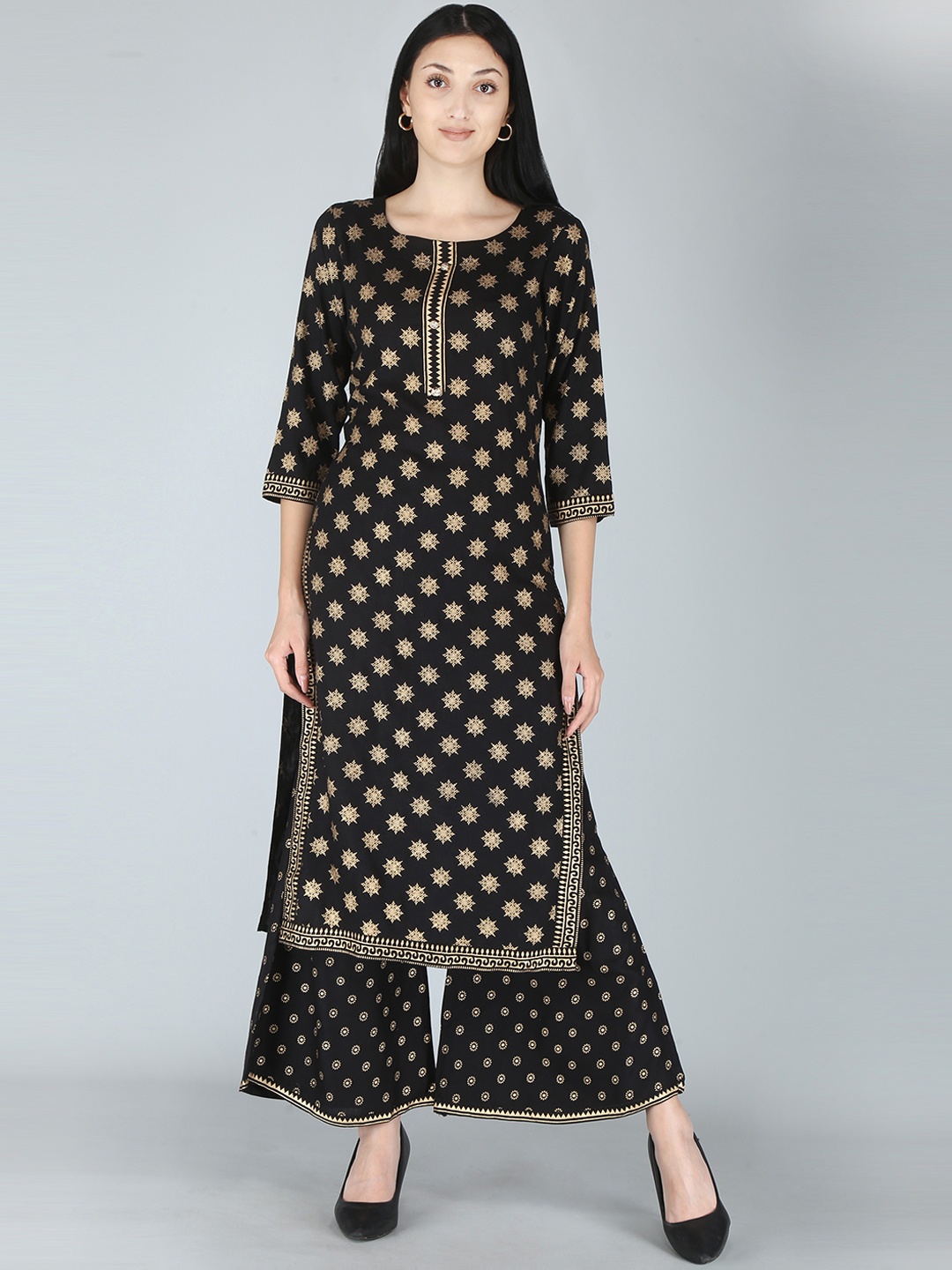 

KALINI Women Black Ethnic Motifs Printed Zardozi Kurta with Palazzos