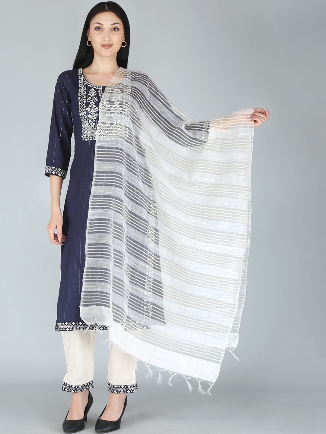 

KALINI Women Navy Blue Yoke Design Zardozi Kurta with Trousers With Dupatta