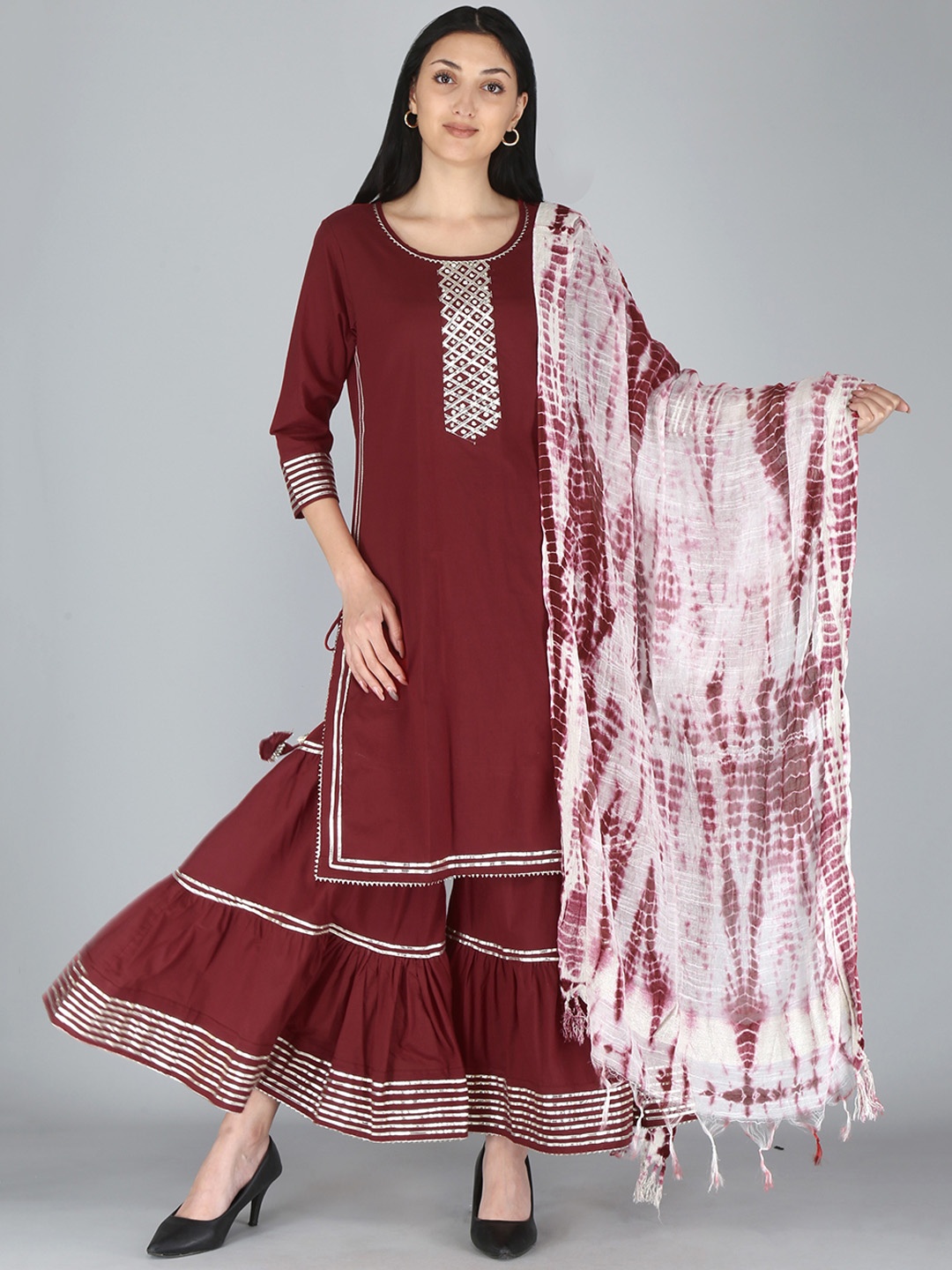 

KALINI Women Maroon Ethnic Motifs Embroidered Gotta Patti Kurta with Sharara & With Dupatta