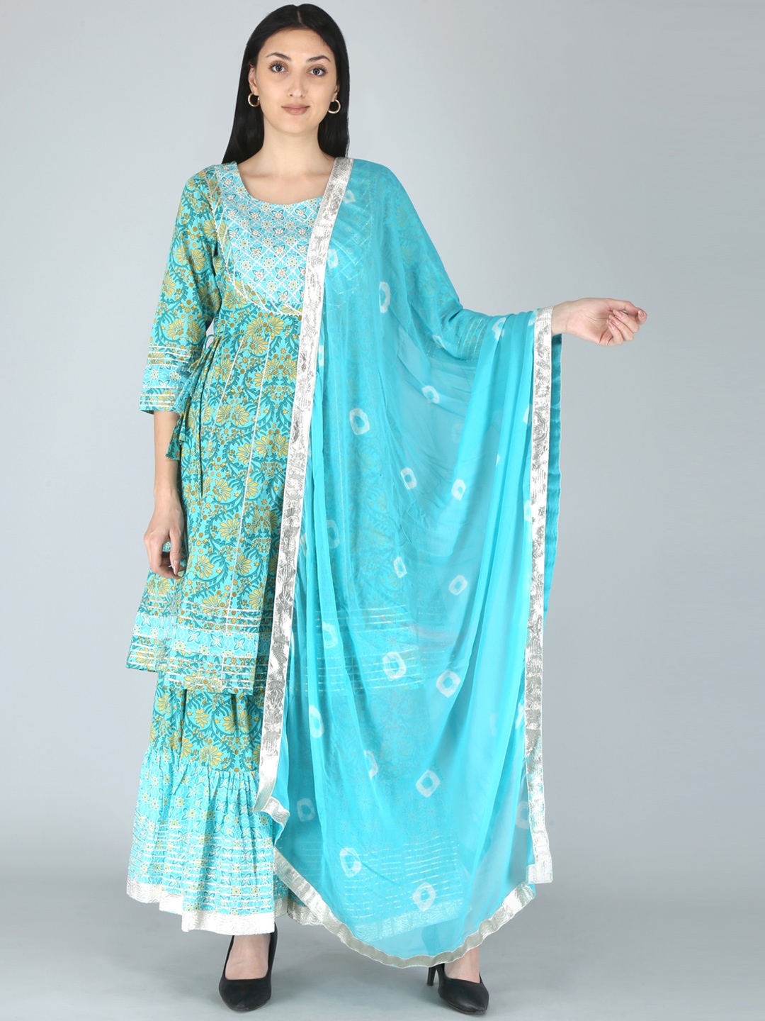 

KALINI Women Blue Floral Printed Panelled Kurta With Sharara & Dupatta