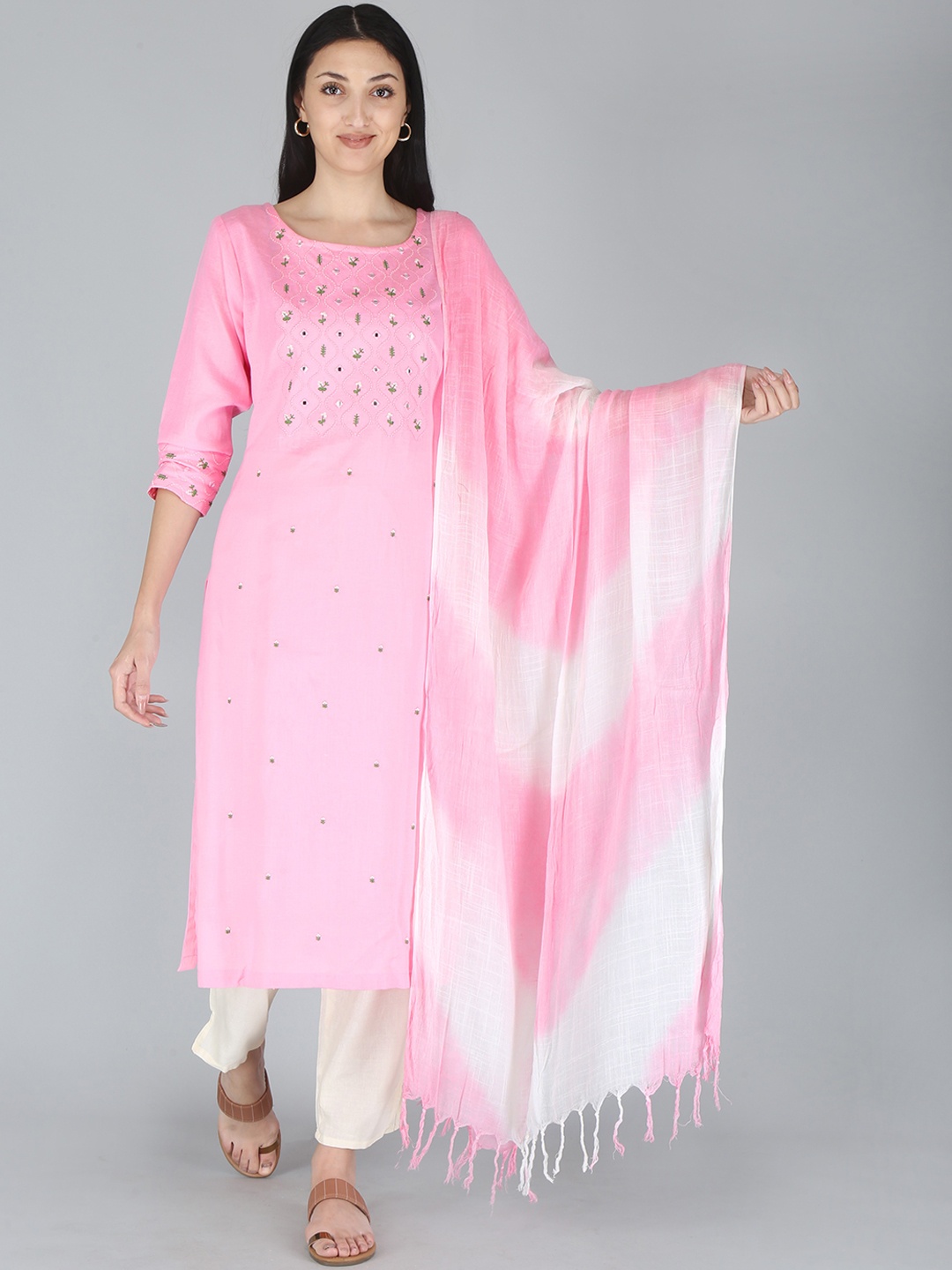 KALINI Women Pink & White Floral Embroidered Kurta with Palazzos & With Dupatta