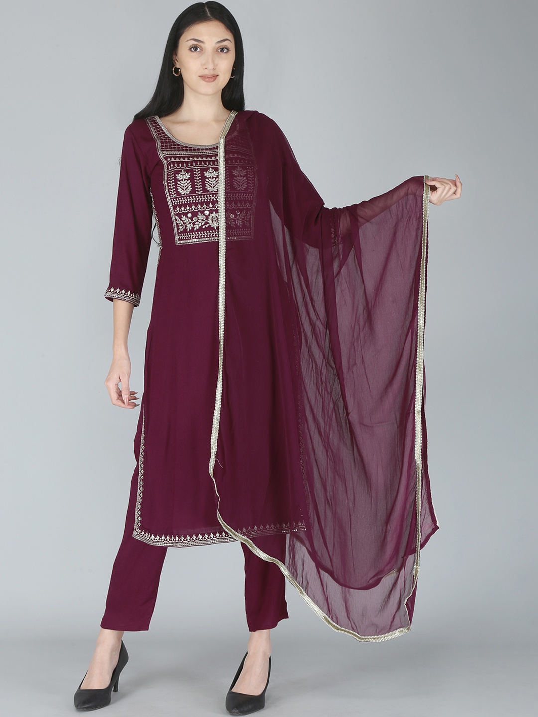 

KALINI Women Maroon Yoke Design Kurta with Trousers & With Dupatta