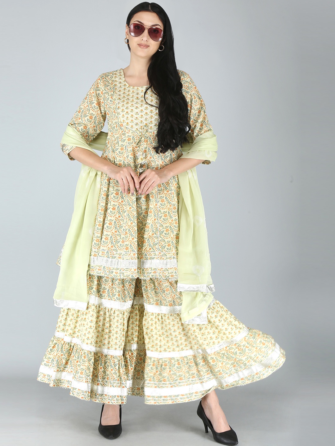 

KALINI Women Green Floral Printed Kurta with Sharara & With Dupatta