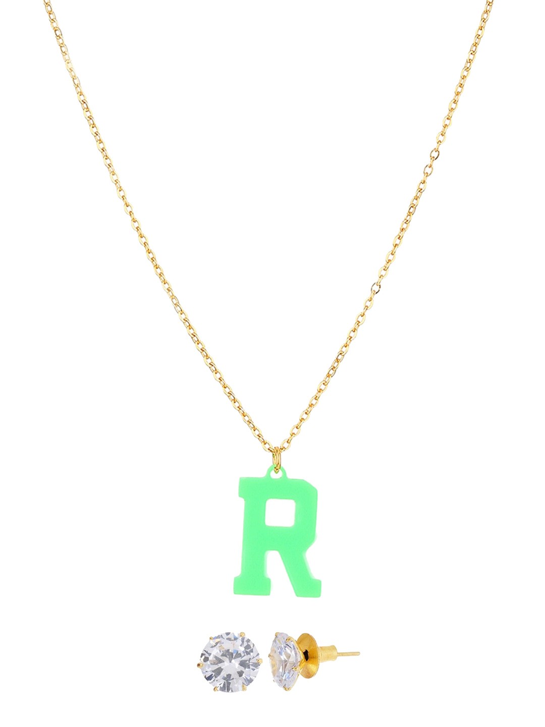 

GoldNera Gold-Toned Green R Alphabet Pendant Set