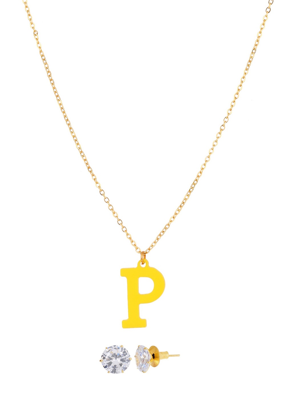 

Goldnera Gold-Toned & Yellow P Alphabet Pendant With Earrings