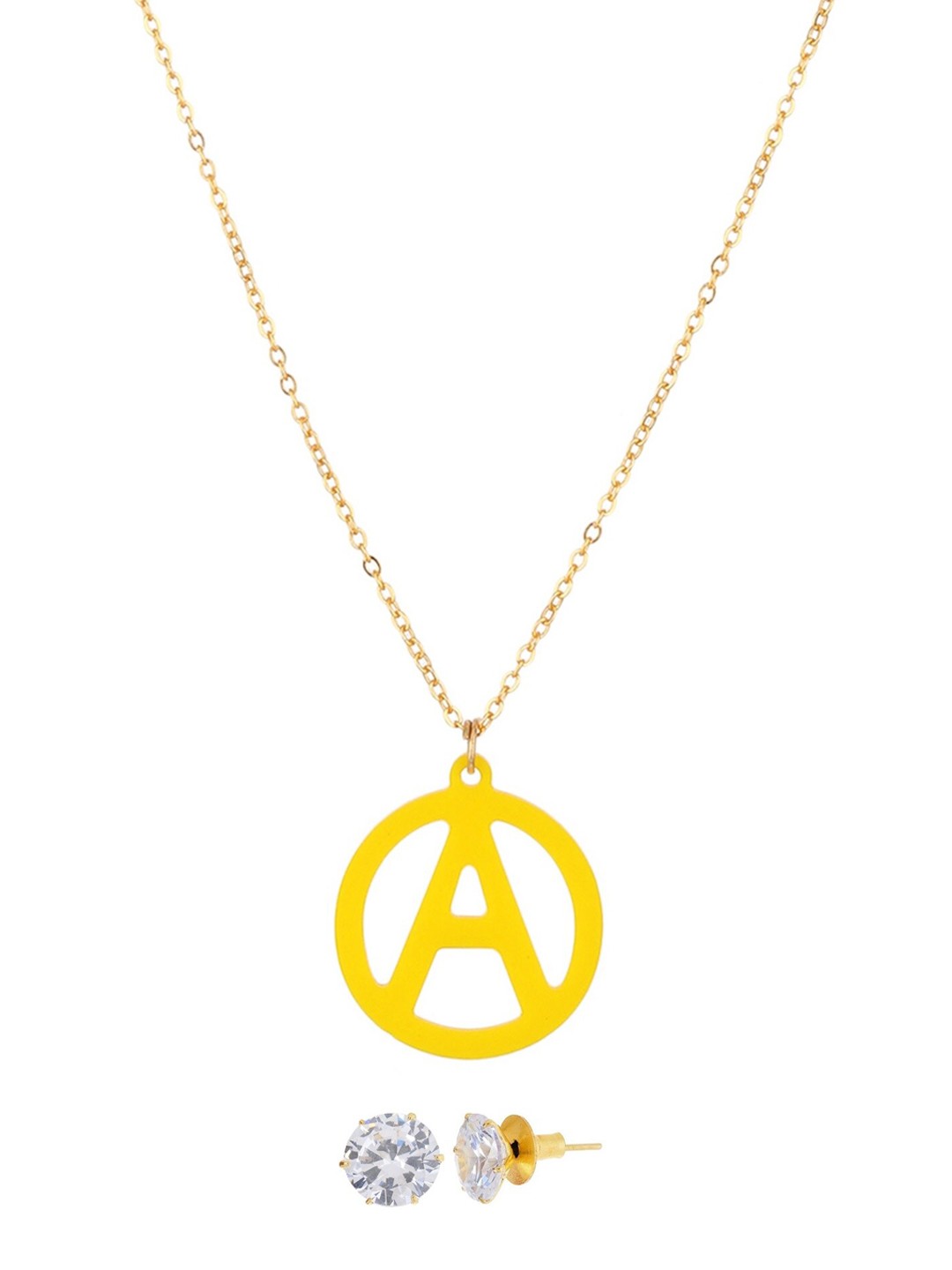 

Goldnera Gold-Plated Yellow Alphabet Charm Pendant With Chain & Earrings Combo