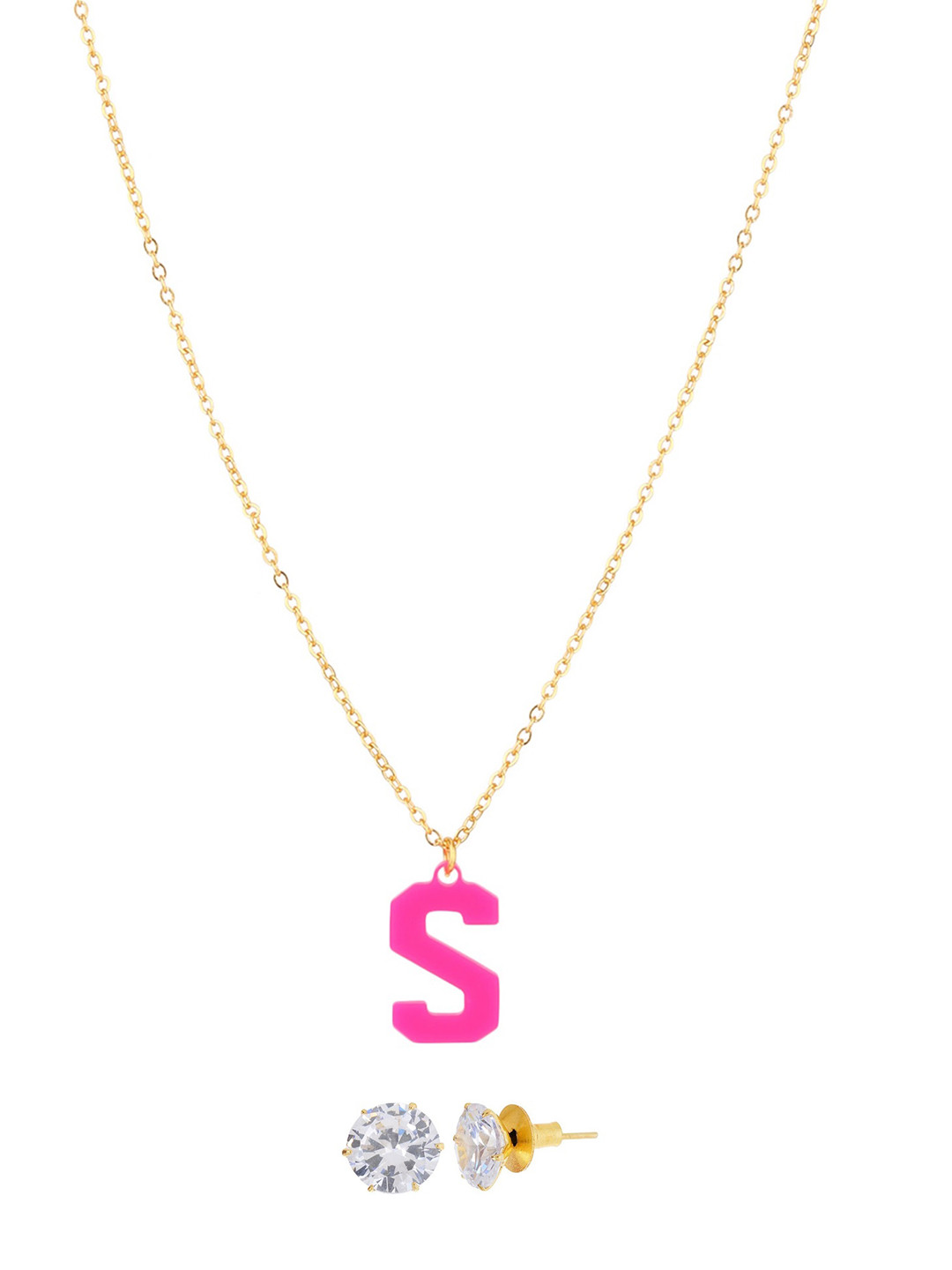 

Goldnera Gold Toned & Pink S Alphabet Pendant With Chain & Earrings