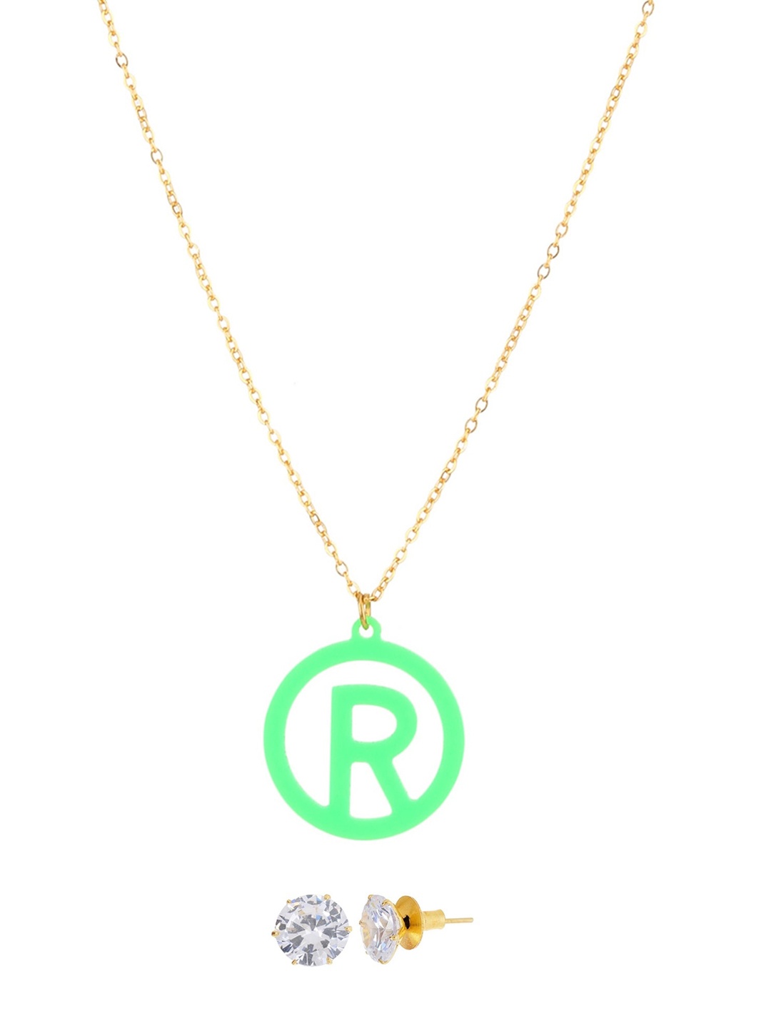 

Goldnera Girls Gold-Toned Green Circle R Alphabet Acrylic Pendant Chain with Earring