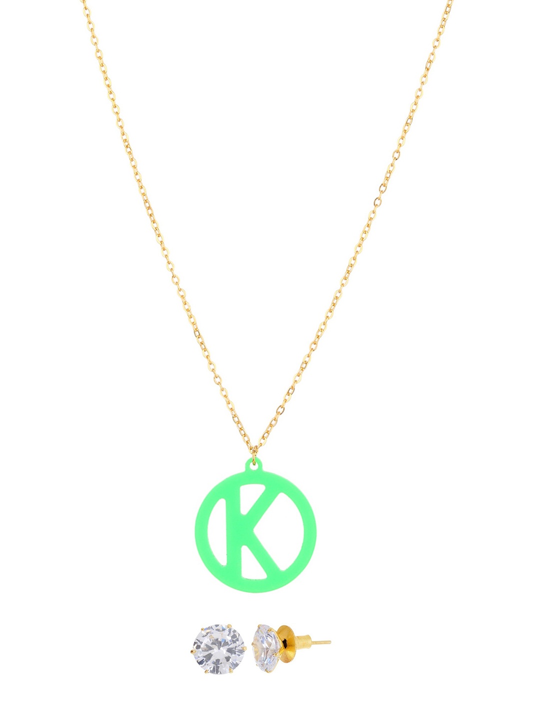 

Goldnera Gold Toned & Green K Alphabet Pendant With Chain & Earrings