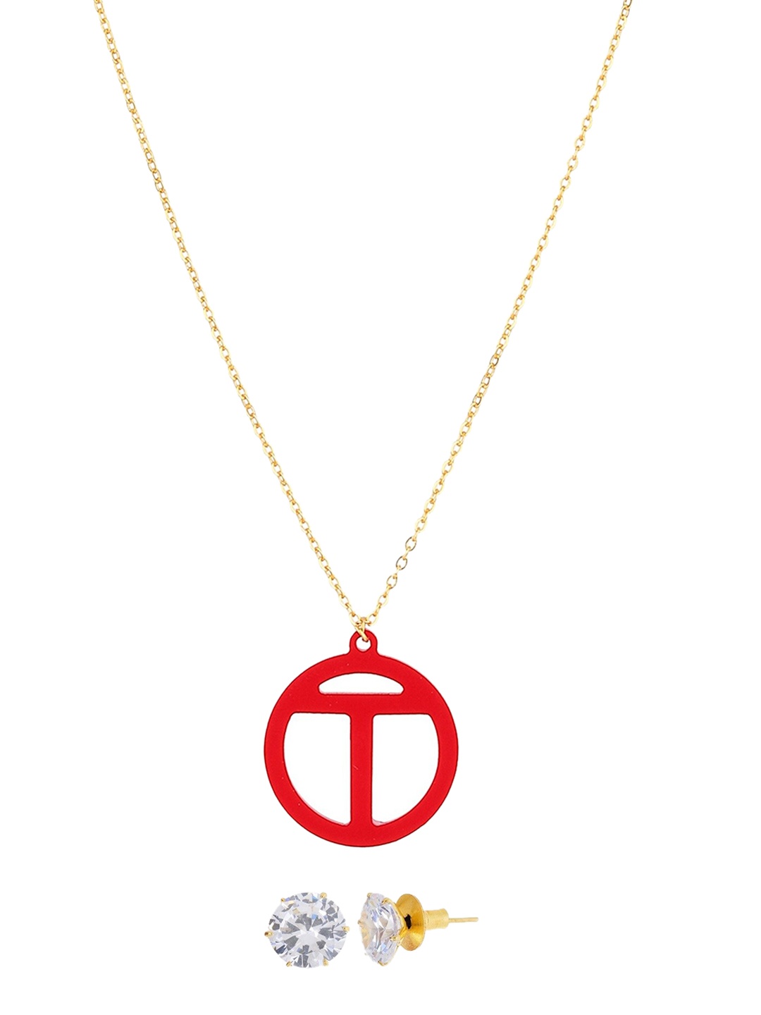 

Goldnera Girls Gold-Toned & Red T Alphabet Acrylic Pendant Chain with Earring