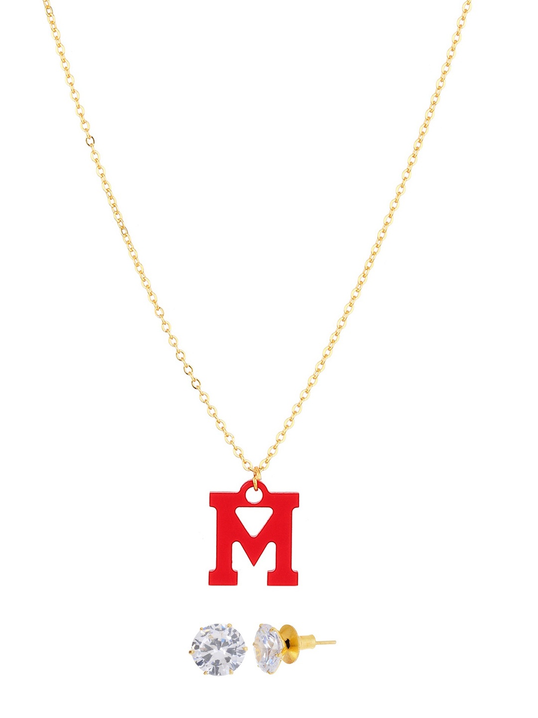 

Goldnera Gold-Toned & Red M Alphabet Pendant With Earrings