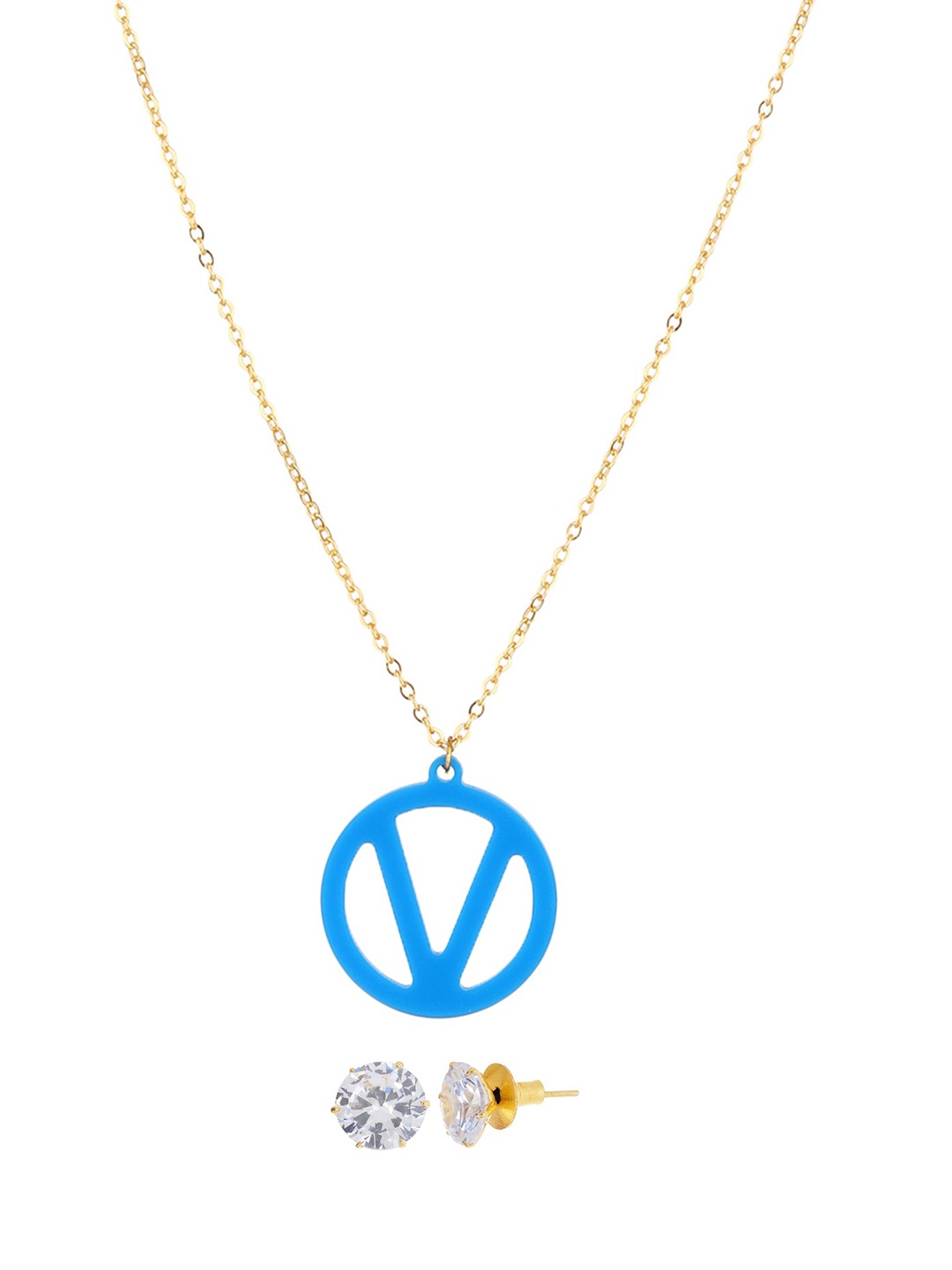 

GoldNera Gold-Toned Blue V Alphabet Pendant Set