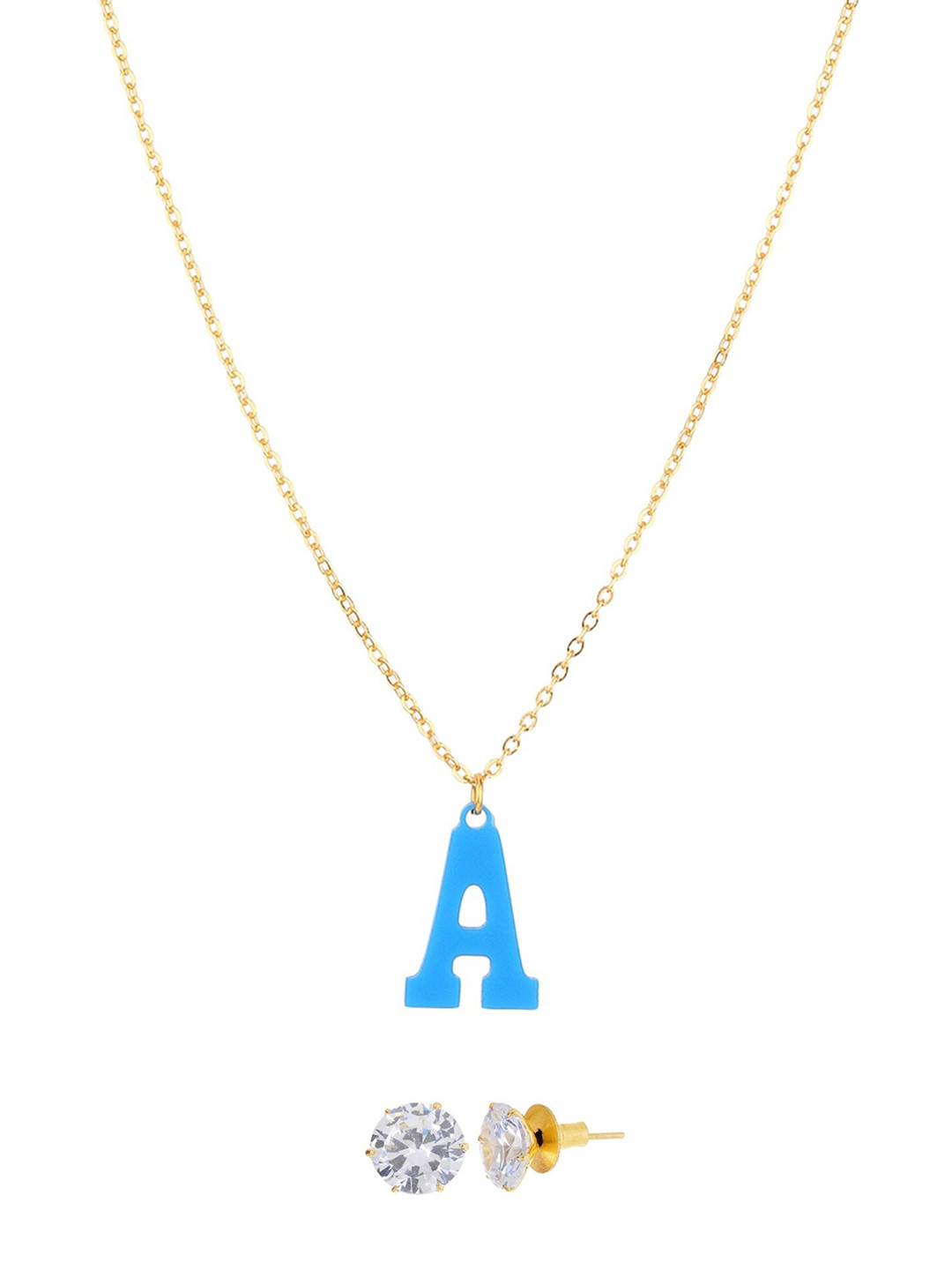 

Goldnera Gold-Toned Blue A Alphabet Pendant with Earrings